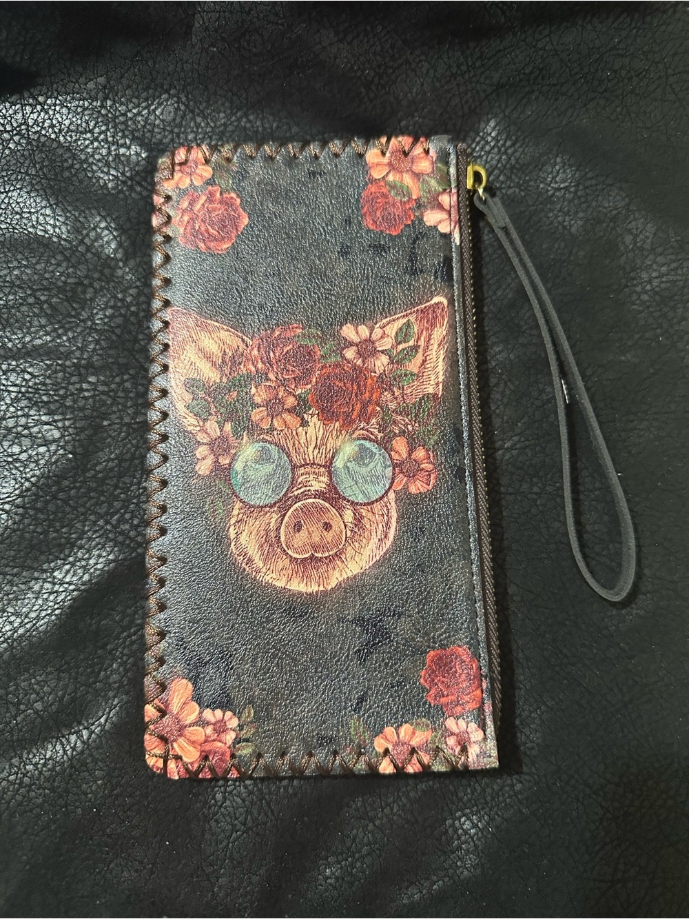 Floral Pig Wristlet Phone Wallet - Brown